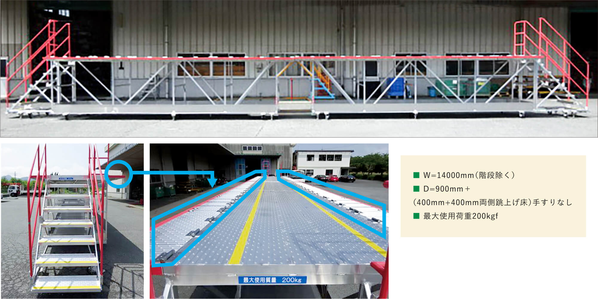 ■ W=14000mm（階段除く）■ D=900mm＋（400mm+400mm両側跳上げ床）手すりなし■ 最大使用荷重200kgf