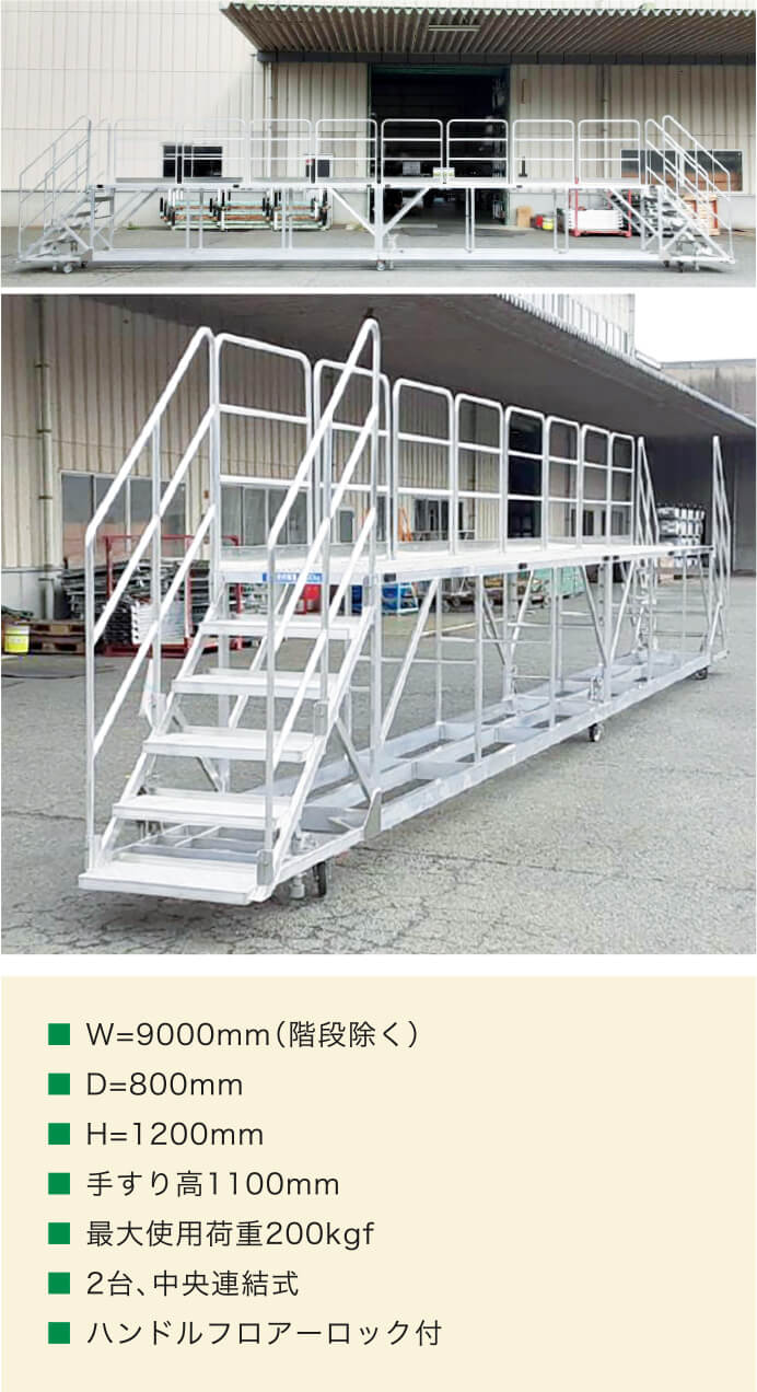 ■ W=9000mm（階段除く）■ D=800mm■ H=1200mm■ 手すり高1100mm■ 最大使用荷重200kgf■ 2台、中央連結式■ ハンドルフロアーロック付